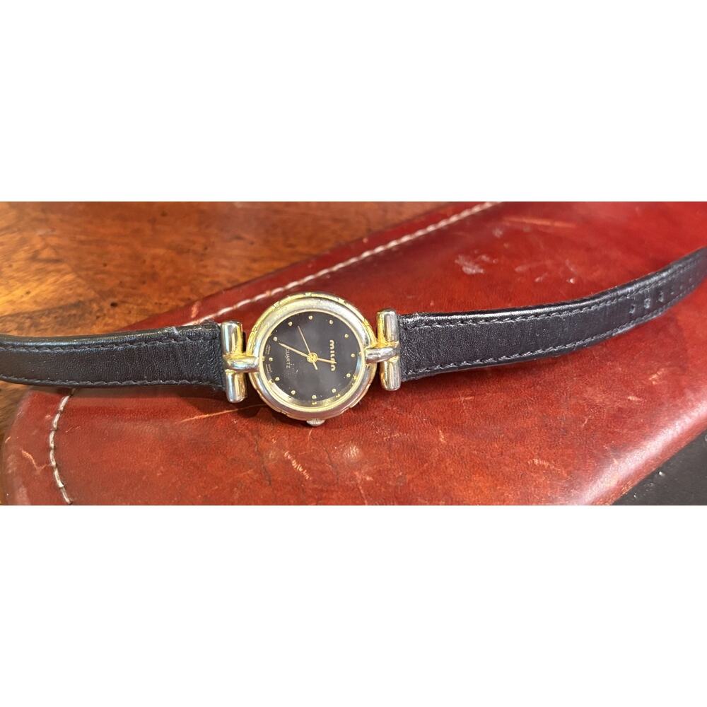 Milan Ladies Quartz Watch, Gold Tone with Black Face and Leather Band